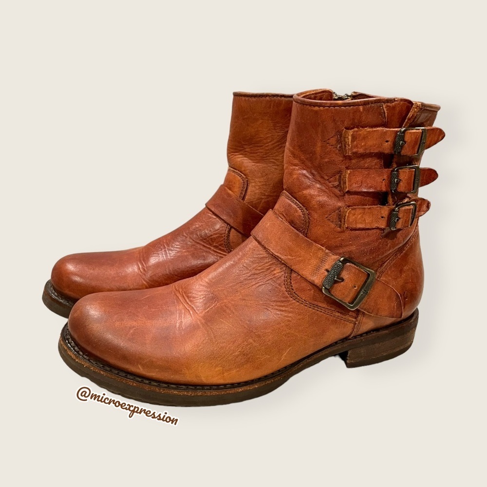 $389 Veronica Short Belted Cognac Leather Fringe Moto Vintage Combat Ankle Boot - Picture 10 of 16